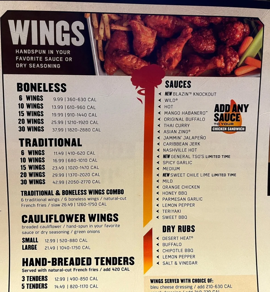 Buffalo Wild Wings Menu With Prices