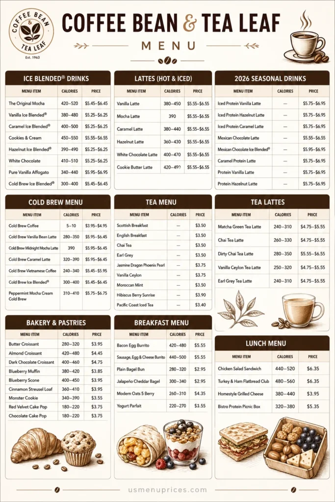 Coffee Bean & Tea Leaf Menu with Prices