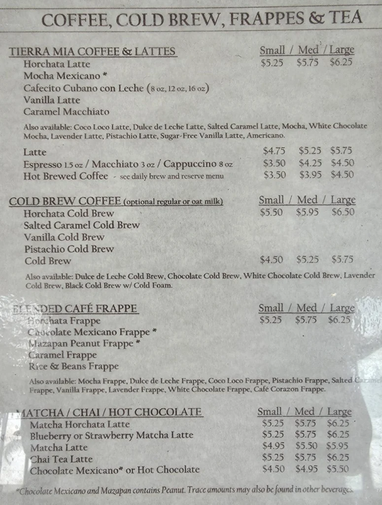 Tierra Mia Coffee Menu With Prices