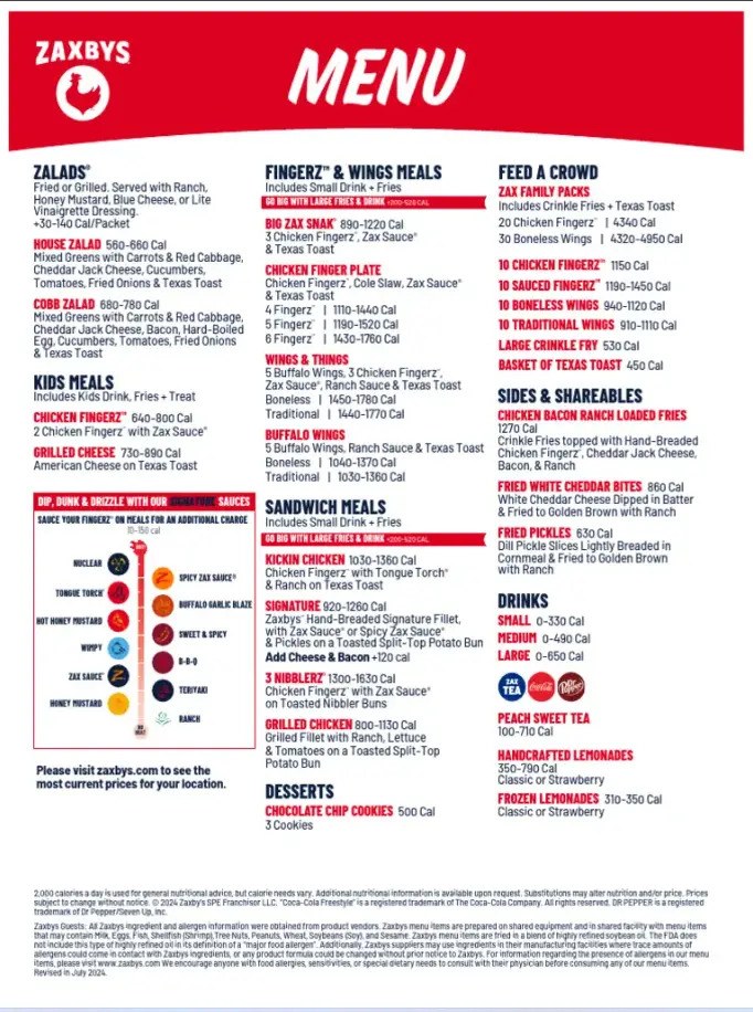 Zaxby's Menu With Prices